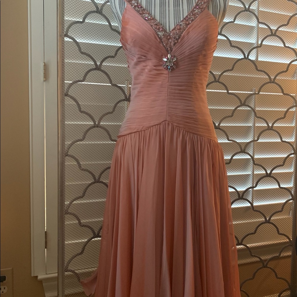 NEW La Femme cocktail dress in peach with jewels.